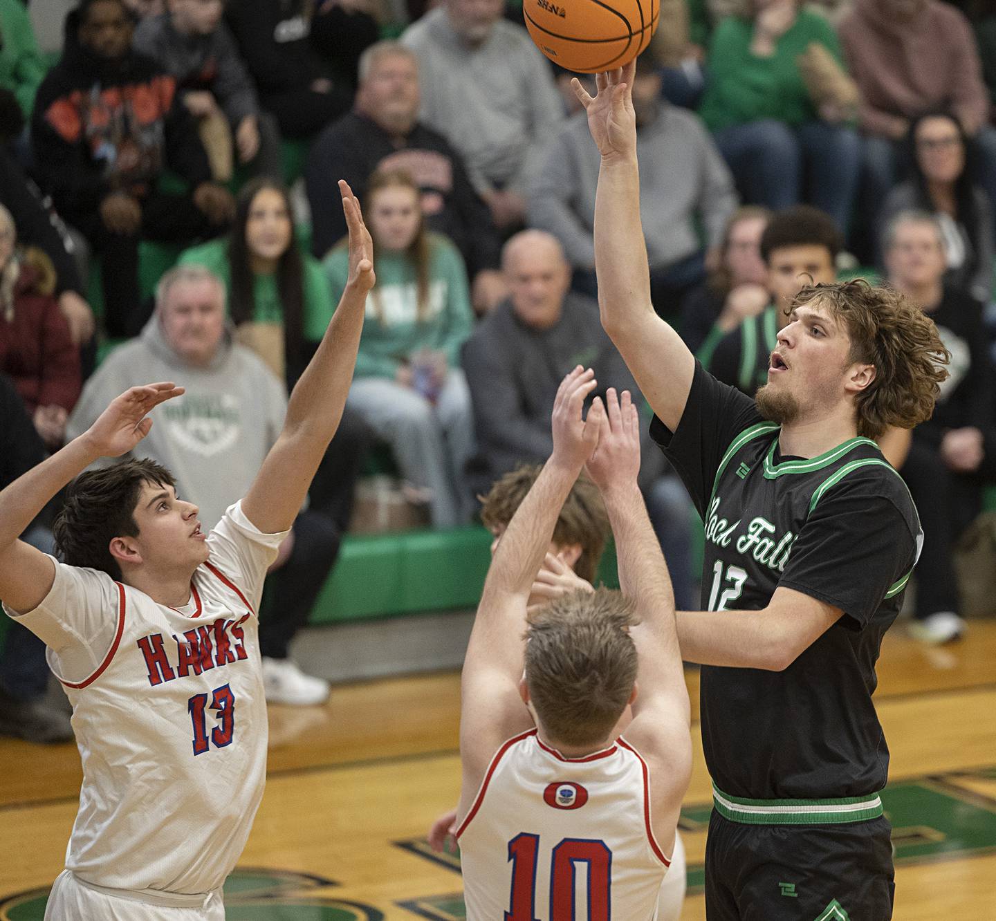 Rock Falls’ Cole Mulnix puts up a shot against Oregon Wednesday, Feb. 25, 2026, in the Class 2A regional semifinal at Rock Falls High School.