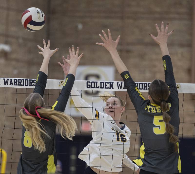 Sterling’s Kasey Weeks directs a shot against Galesburg Thursday, Oct. 16, 2025.