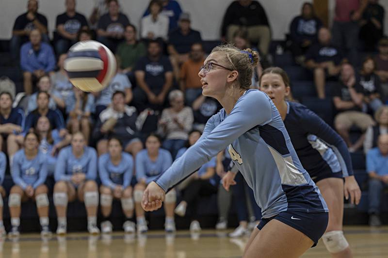 Bureau Valley’s Emma Stabler passes the ball  Thursday, Sept. 28, 2023 at Newman.