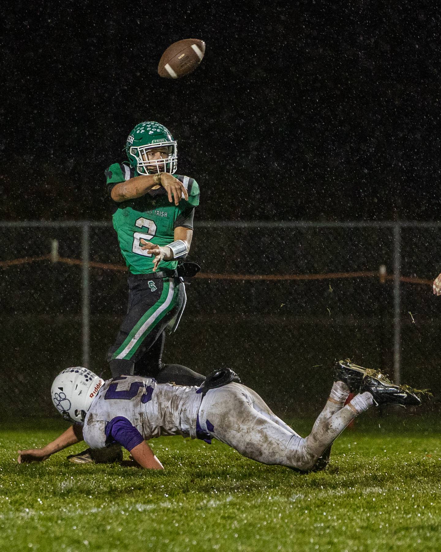 Gunnar Varland (2) of Seneca throws pass as Evan Kuypers (57) of Wilmington attempts to tackle on Saturday, November 8, 2025 at Seneca High School in Seneca.