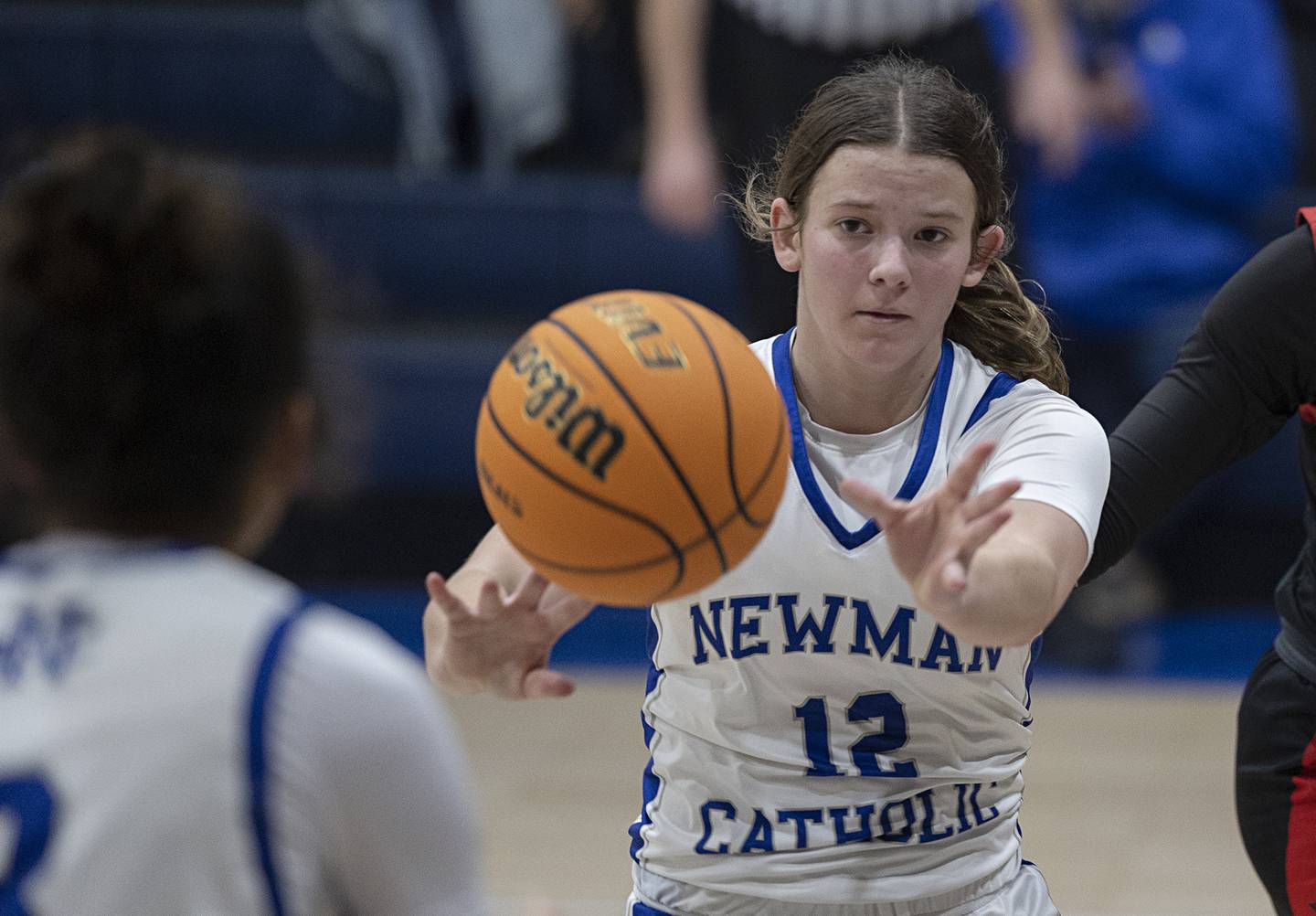 Newman’s Lucy Oetting makes a pass against Stillman Valley Monday, Feb. 2, 2026.