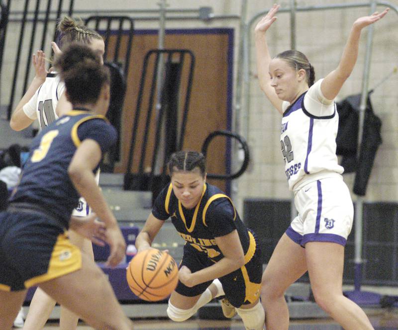Sterling player  Joslynn James  dribbles the ball through traffic. Dixon and Sterling girls basketball teams played in the 3rd place game of the Dixon Girls KSB Holiday Basketball Classic Saturday, Dec. 28, 2024