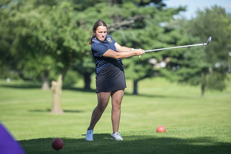 Sterling's Emily Schwingle tees off on #2 Thursday, August 11, 2022 at Timber Creek.
