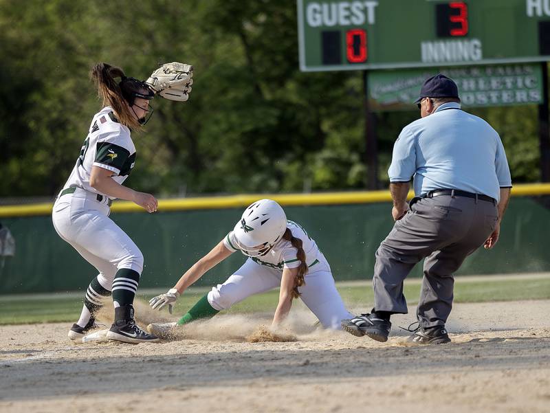 Rock Falls’ Rylee Johnson slides in safely at third against North Boone Friday, May 19, 2023.
