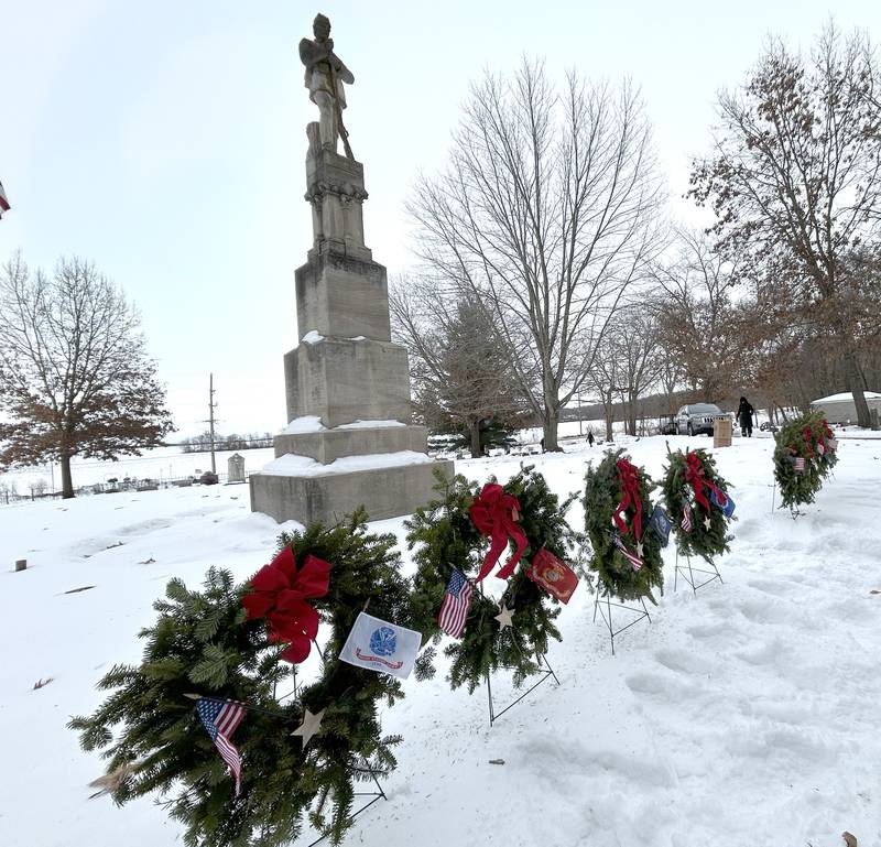 Wreaths representing each branch of the military were placed in front of the Civil War Veteran's Memorial at the Daysville Cemetery, southeast of Oregon, at the start of the Wreaths Across America program on Saturday, Dec. 13, 2025.