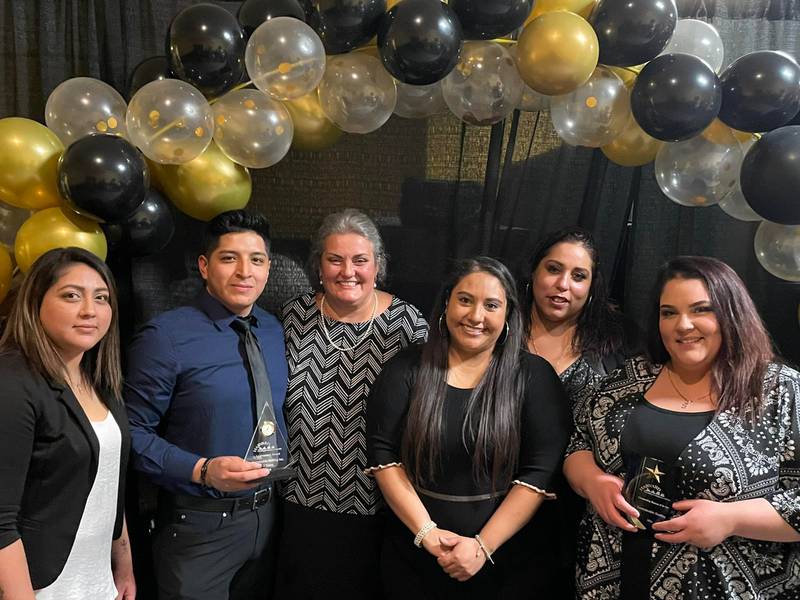 Sustainable Staffing Inc.’s Harvard office was the recipient of the 2021 Outstanding Business of the Year award from the Harvard Chamber of Commerce and Industry. Pictured from left to right is Guadalupe Diaz, Xavier Calle, Sustainable Staffing Inc. owner Mary McBride, Nancy Aparicio, Rena Garcia and Julisa Wilhite.