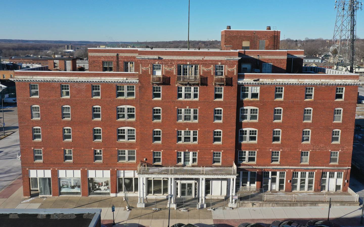 An aerial view of the Kaskaskia buiding at the corner of Gooding and 2nd Street on Wednesday, Jan. 8, 2025 downtown La Salle. CL Enterprises and La Salle City officials met together for an inspection of the Maytag and Kaskaskia buildings.