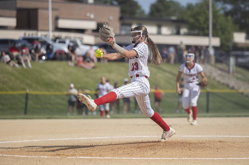 Fulton’s Jesse Read winds up for the pitch against Orangeville Tuesday, May 26, 2026, at the Eastland Class 1A softball sectional quarterfinal.