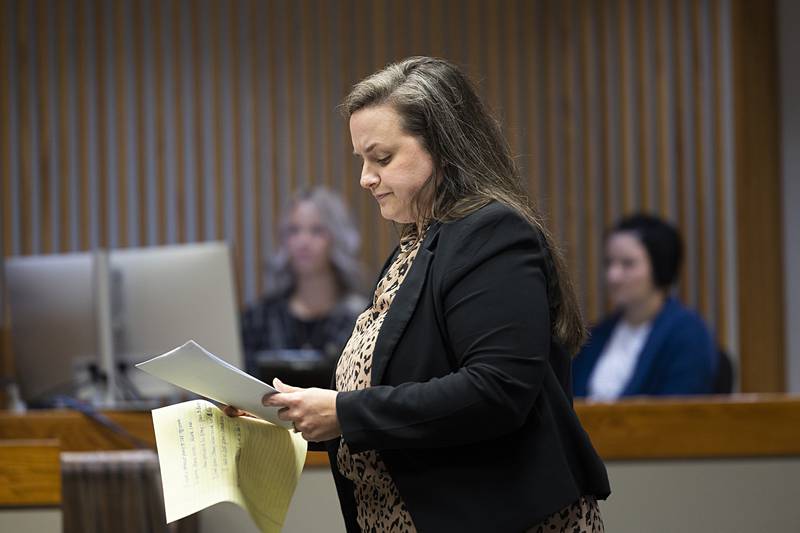 Defense attorney Dana McCormick cross examines Carly Fischbach on Thursday, July 18, 2024, in a Whiteside County courtroom.
