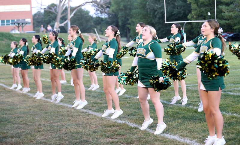St. Bede cheerleaders perform on the sidelines before the game against Seneca on Friday, Sept. 20, 2024 at St. Bede Academy.