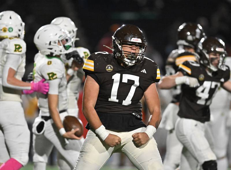 Joliet Catholic's Frankee Piechonka (17) reacts after sacking Providence Catholic's quarterback during the conference game on Friday, OCT. 24, 2025, at Joliet.