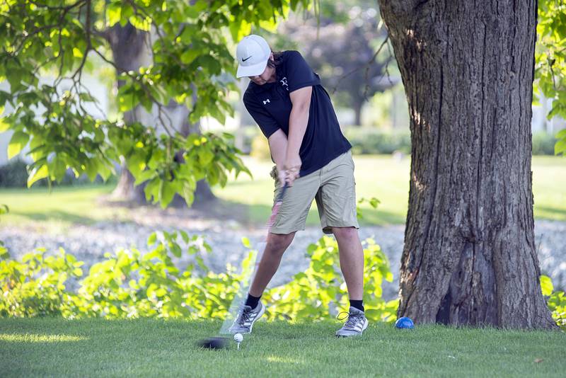 Rock Falls’ Colby Ward drives off the #5 tee against Sterling on Sept. 14, 2022.