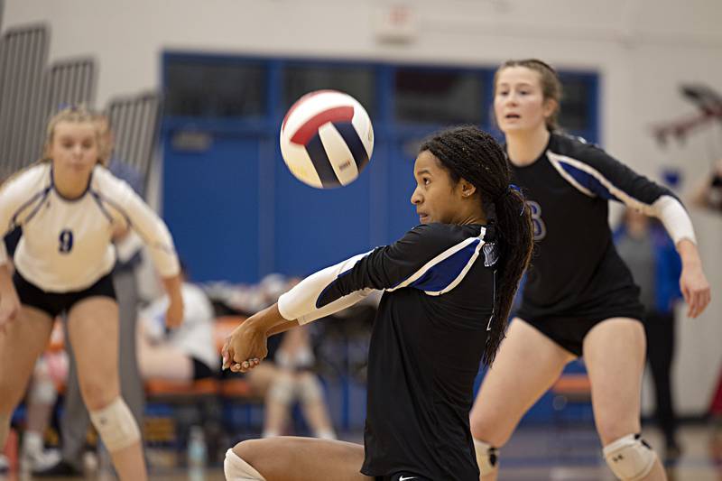 Newwark’s Kiara Wesseh plays a shot against Galena Monday, Oct. 30, 2023 at the Eastland 1A volleyball sectional.