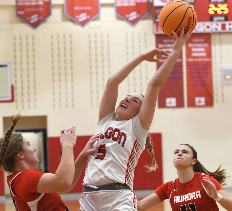 Oregon's Shaylee Davis (5) rebounds against Aurora Christian at the Oregon Girls Tip-Off Tournament on Friday, Nov. 21, 2025 at the Blackhawk Center  in Oregon.