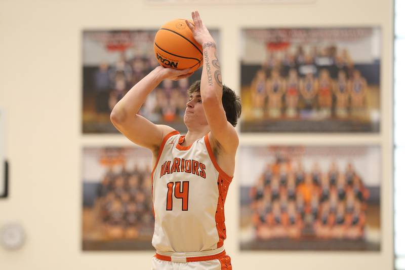 Lincoln-Way West’s Drake Been takes the outside shot against Plainfield Central on Saturday, Jan 3, 2026 in New Lenox.