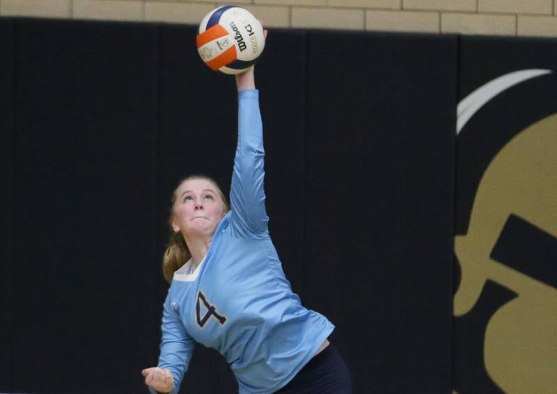 Marquette's Kaylee Killelea serves the ball against St. Bede on Monday, Oct. 17, 2022 at Bader Gymnasium in Ottawa.