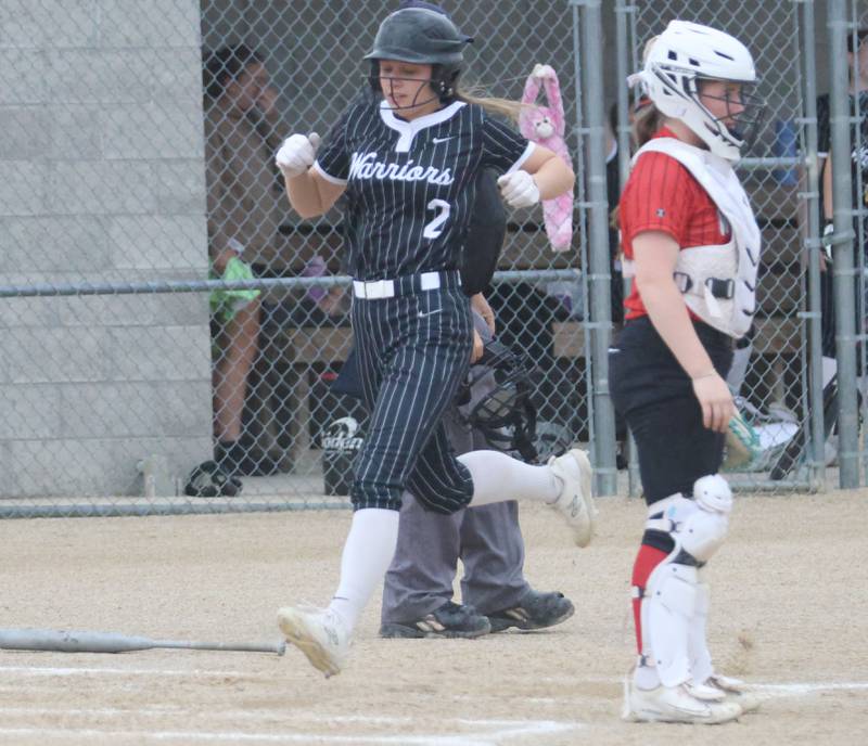 Woodland's Kora Edens scores a run against Henry-Senachwine on Tuesday, May 12, 2026 at Woodland High School.