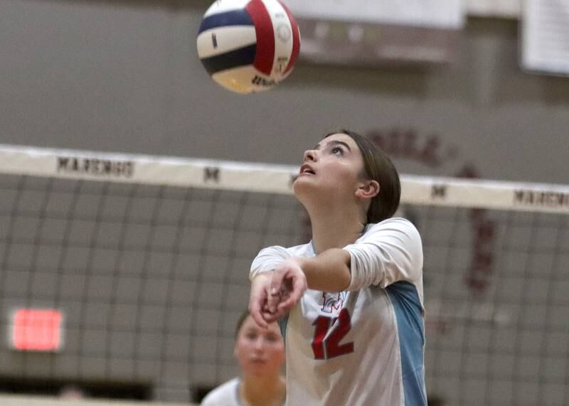 Marian Central’s Kristina Schaefer passes the ball in IHSA Class 2A  Regional volleyball action on Monday, Oct. 28, 2024, at  Marengo High School  in Marengo.