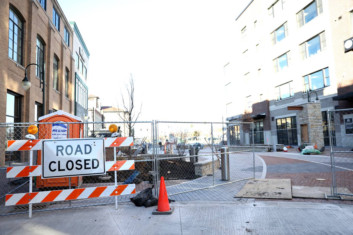 Construction on the 1st Street Plaza Expansion project in St. Charles at southeast corner of Main Street & 1st Street nears completion.