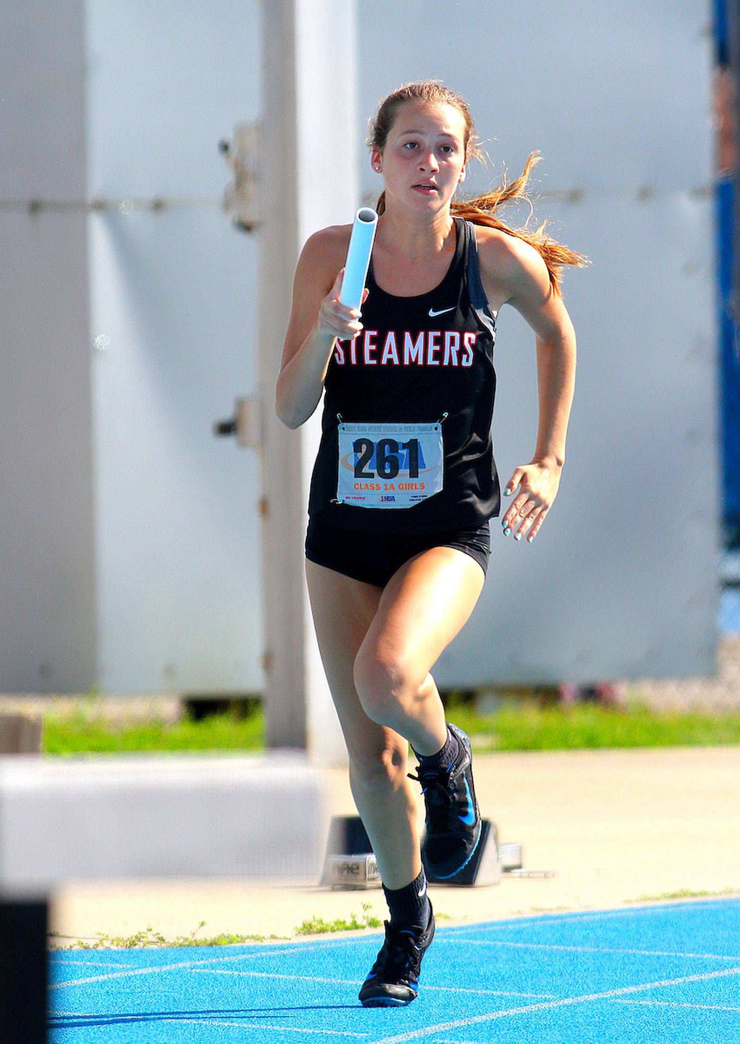 June 10, 2021 - Charleston, Illinois - Fulton's Mikayla Gazo runs her leg in the Class 1A 4x200-Meter Relay at the Illinois High School Association Track & Field State Finals.  (Photo: PhotoNews Media/Clark Brooks)