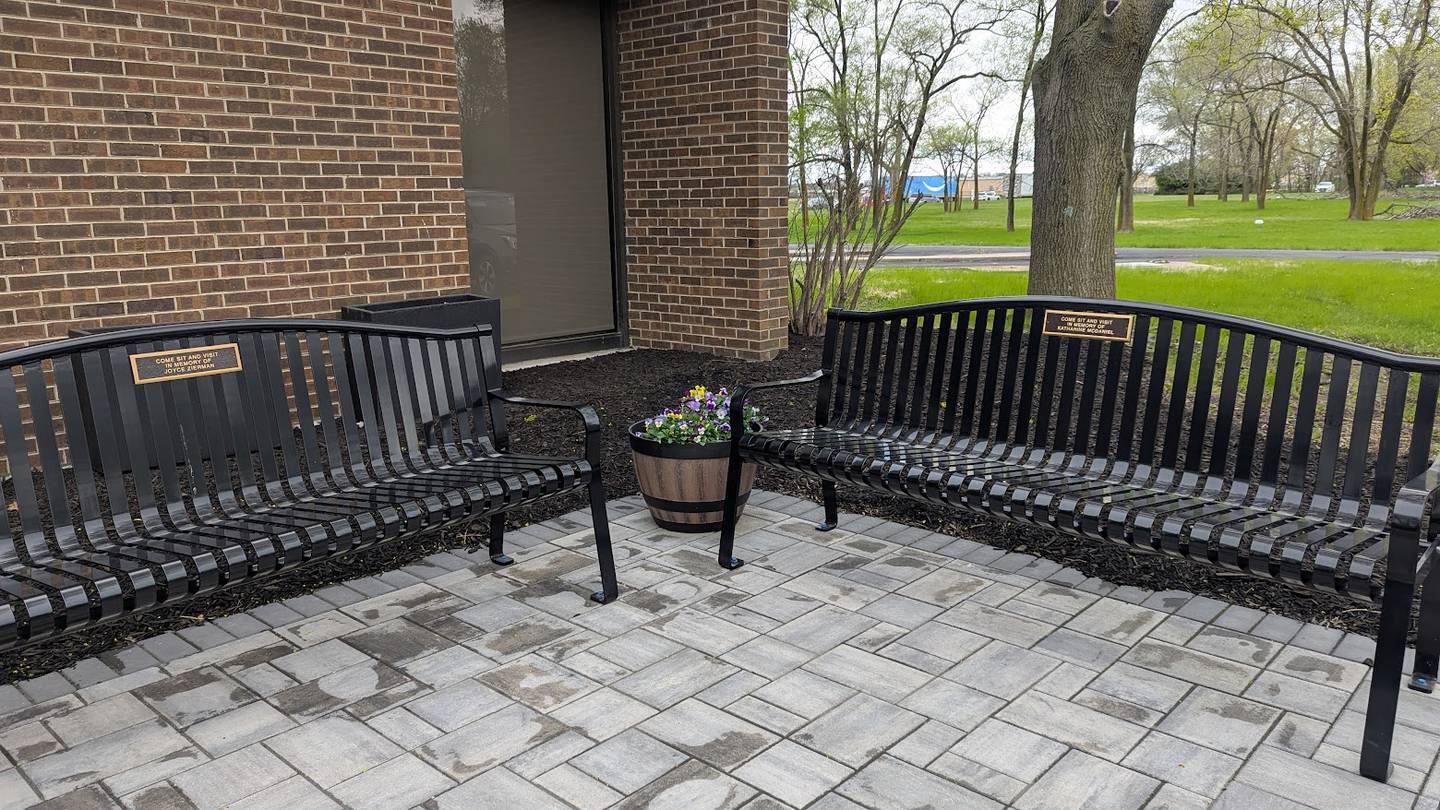 Two of the three new benches at Universalist Unitarian Church of Joliet’'s renovated peace pole garden are seen on Monday, April 21, 2025 in Joliet. A rededication ceremony for the peace pole garden will be held Sunday.