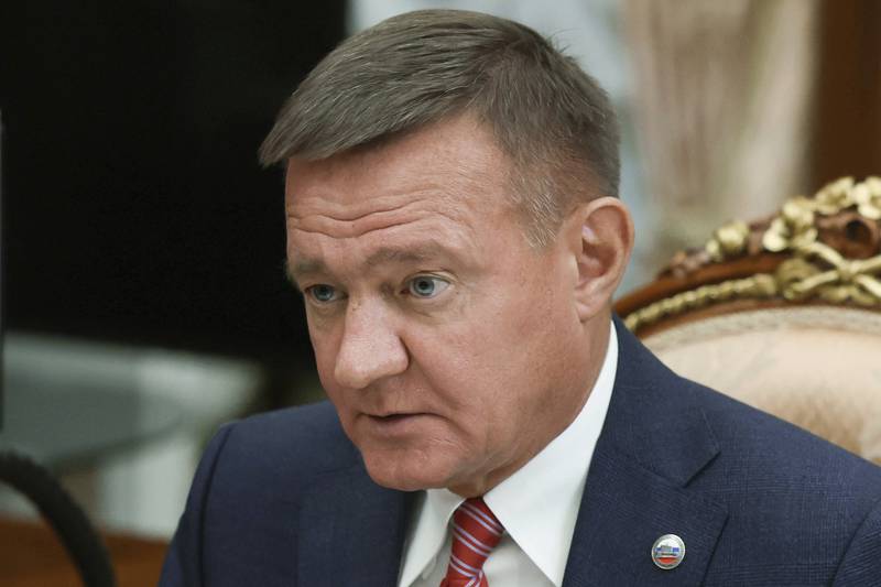 FILE - Transport Minister Roman Starovoyt attends a meeting with Russian President Vladimir Putin at the Kremlin in Moscow, Russia, Thursday, Jan. 30, 2025. (Gavriil Grigorov, Sputnik, Kremlin Pool Photo via AP, file)
