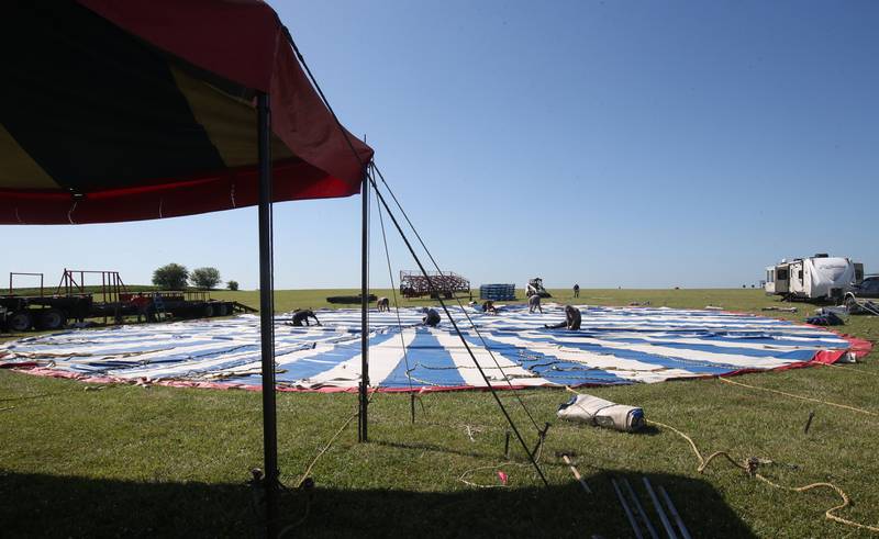 Crew members from the Culpepper & Merriweather Circus  set up the "big top" tent on Monday, June 23, 2025 at Boggios in Granville.  The "big top" tent is 70 x 110 feet. It takes a crew of 12 men approximately two hours to set it up and 45 minutes to take it down. The tent weighs 3,600 pounds, stands 30 feet tall and utilizes 32 side poles, 16 quarter poles, two center poles, and 100 stakes. The circus held two shows and was sponsored by the Village of Granville and Boggio's Orchard & Produce, LLC