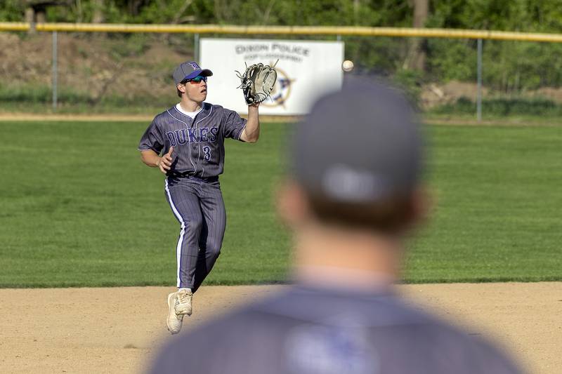 Dixon’s Jake Zepezauer fields a ball at second base for an out against Rock Falls Tuesday, April 29, 2025.
