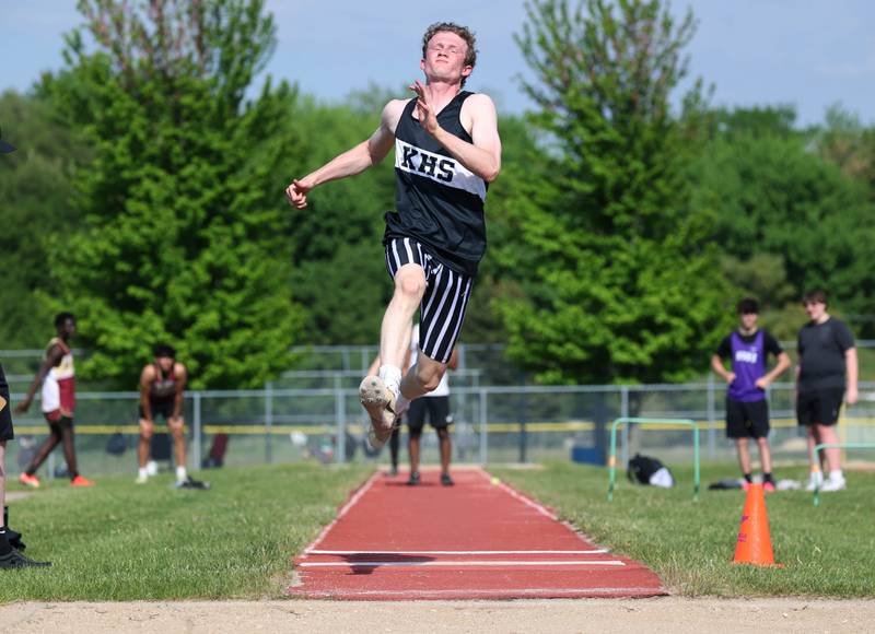 Kaneland’s Nathan Sand competes in the long jump Tuesday, May 13, 2025, during the Interstate 8 Conference boys track championships at Rochelle High School.