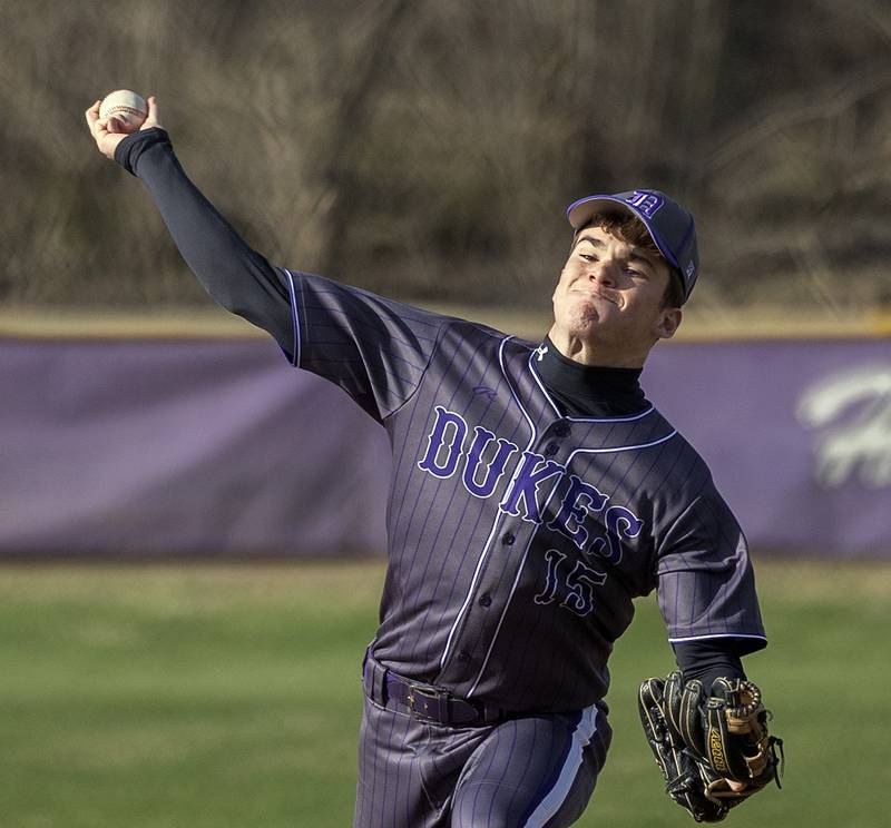 Dixon’s Daniel Fordham fires a pitch against Genoa-Kingston Monday, April 7, 2025.