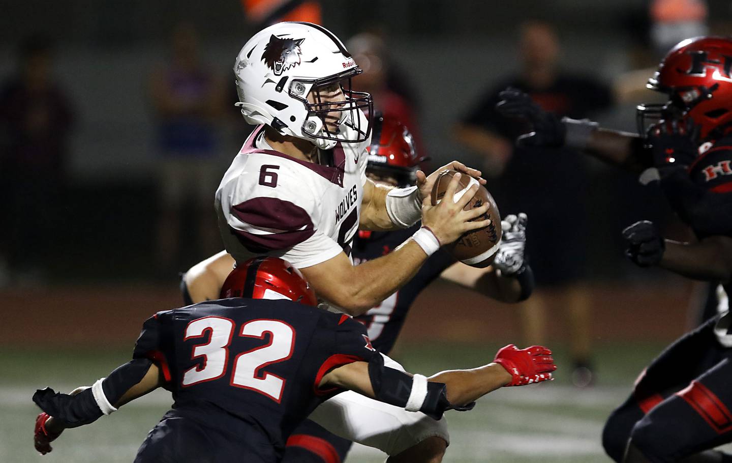 Huntley's Dechawn Jones sacks Prairie Ridge's Luke Vanderwiel during a Fox Valley Conference football game on Friday, Oct. 3, 2025, at Huntley High School.