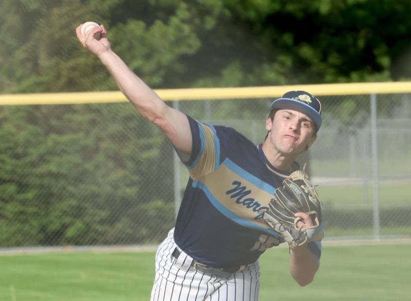 Marquette's Alec Novotney lets go of a throw to St. Bede on Tuesday, April 28, 2026 at Masinelli Field in Ottawa.