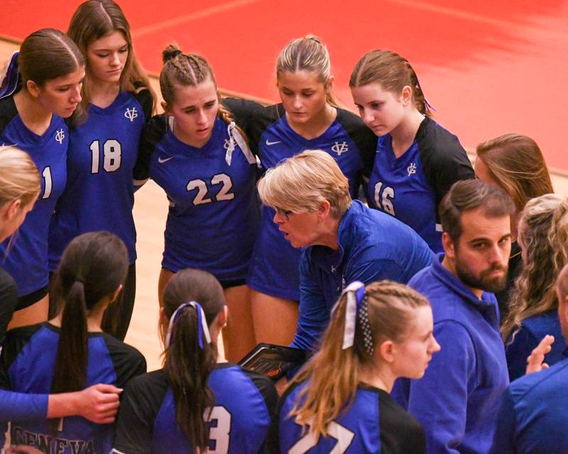 Geneva’s coach Kristi Hasty talks to the team during a timeout on Thursday Nov. 6, 2025, in the sectional title game while taking on Nazareth Academy held at Timothy Christian High School.