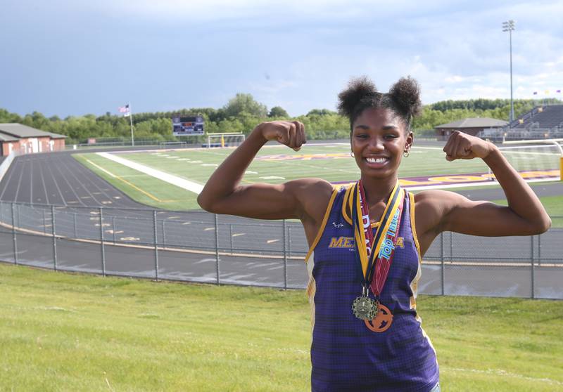 Mendota's Mariyah Elam poses for a photo in May 2024 at the Track in Mendota. Elam is the NewsTribune girls track athlete of the year.
