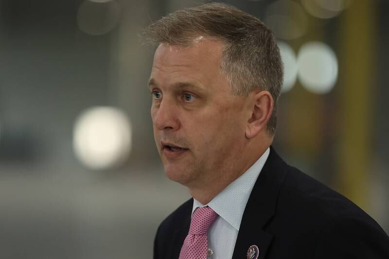 Congressman Sean Casten speaks during a press conference and interactive tour of the Lion Electric vehicle manufacturing facility. Monday, Mar. 21, 2022, in Joliet.