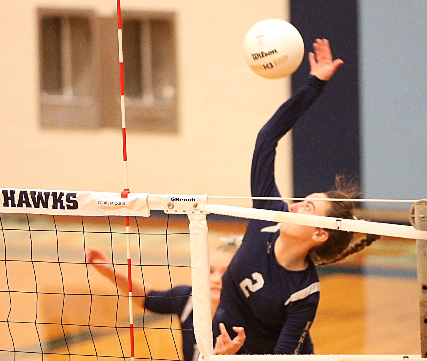 Fieldcrest's Ashlyn May sends the ball over to the IVC net in the Class 2A Sectional volleyball final at Prairie Central High School on Wednesday, Nov. 2, 2022 in Fairbury.