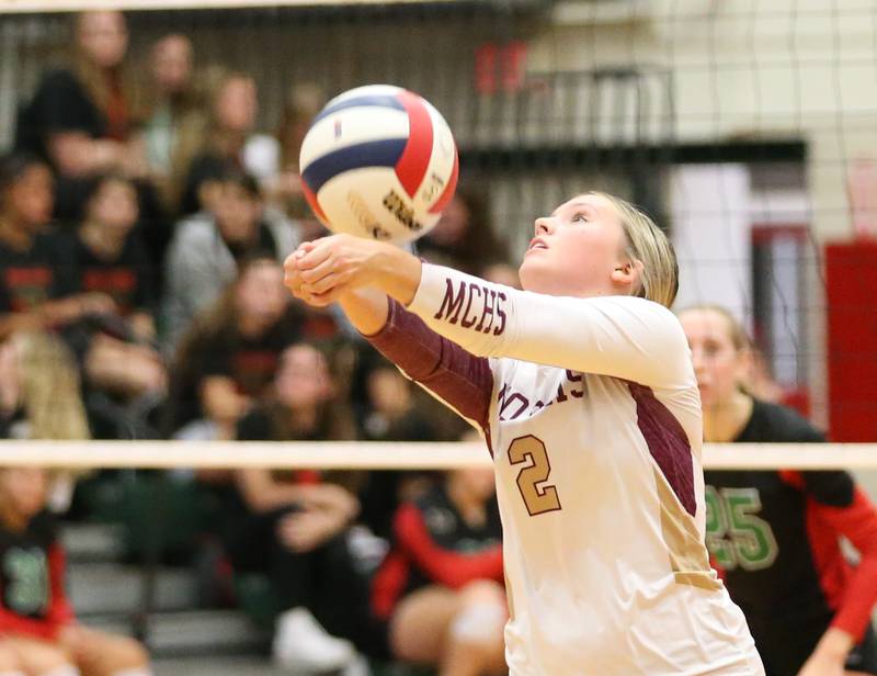 Morris's Haylee Dunne hits the ball to the L-P side of the net in the Class 3A Regional game on Thursday, Oct. 26, 2023 at Sellett Gymnasium.
