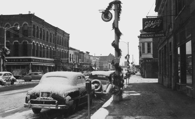 Lincoln Highway and Second Street looking east in downtown DeKalb, December 1949.