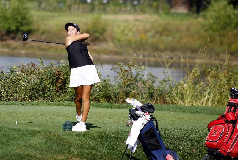 Benet Academy’s Lauren Gauss tees off during the Class 2A Waubonsie Valley Girls Golf Sectional on Monday, Oct. 6, 2025 at Springbrook Golf Course in Naperville.