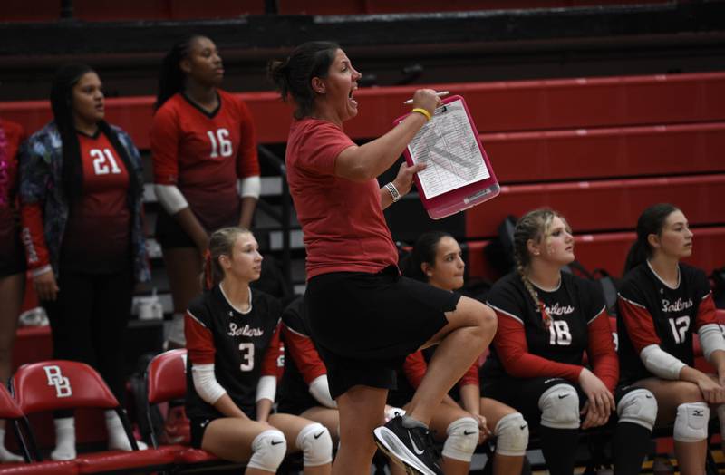Bradley-Bourbonnais' head coach Leigh Ann Reiniche reacts to a play in a match against Beecher on Tuesday, September 2, 2025.