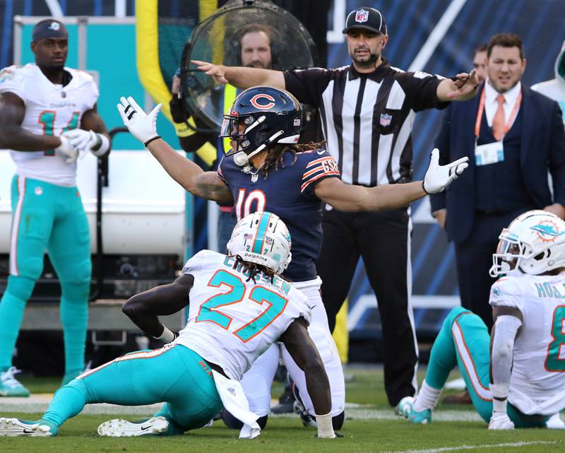 Chicago Bears wide receiver Chase Claypool wants a pass interference call but doesn’t get one late in the game against the Dolphins Sunday, Nov. 6, 2022, at Soldier Field in Chicago.