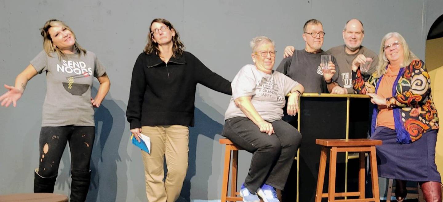 Cast members react to Holly Hogg appearing after a smelly adventure in the desert. Her sister-to-be, played by Tamara Malebranche, and Mother-in-law-to-be, played by Sharon Pagoria react. The owners of the bar, played by Jim Welch and William Gillespie are joined by patron Resa Mai in Morris Theatre Guild’s upcoming show, "Mama Won’t Fly", which runs March 3-5 and 11-13. Tickets are available at morristheatreguild.org or by calling 815-942-1966.