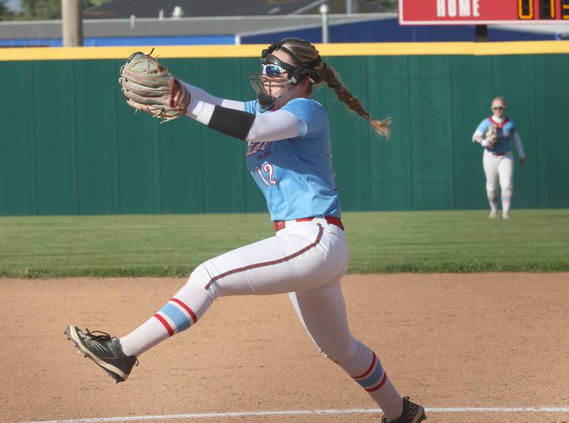 Ottawa's Kennedy Kane fires a pitch to L-P on Wednesday, April 29, 2026 at the L-P Athletic Complex in La Salle.