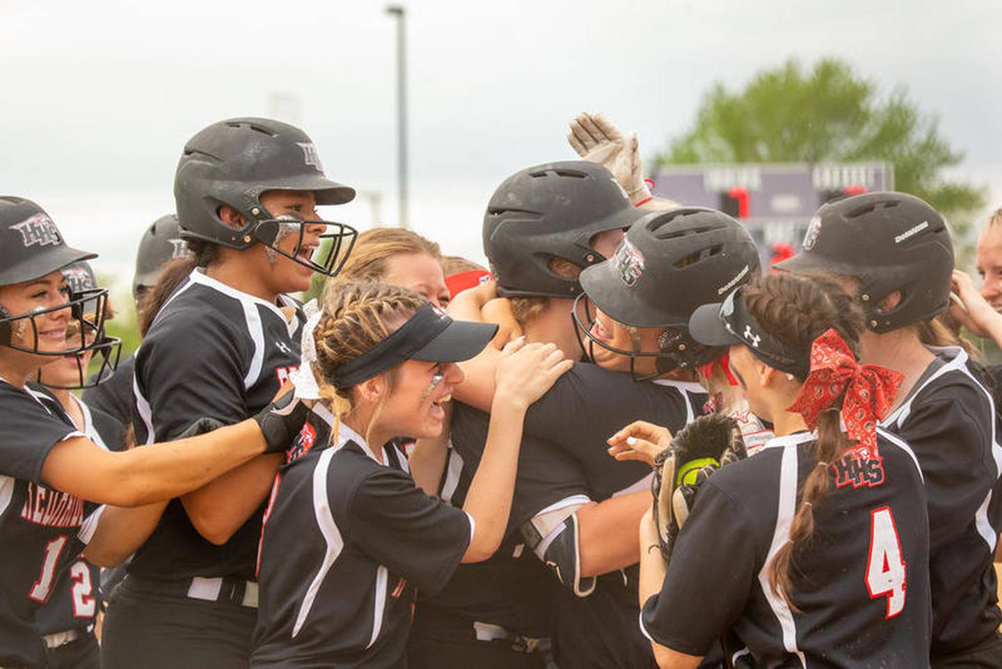 Huntley celebrates a grand-slam homerun by Teagan O'Rilley in the top over the seventh against Barrington in the Class 4A Hampshire Softball Sectional semifinal Wednesday, May 29, 2019 in Hampshire. Huntley gets the victory 6-1 and will face McHenry in an all Fox Valley Conference Sectional final on Saturday, June 1, 2019.