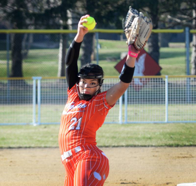 Milledgeville's Kendra Kingsby pitches against Oregon during a Monday, March 23, 2026 game at Oregon Park West.