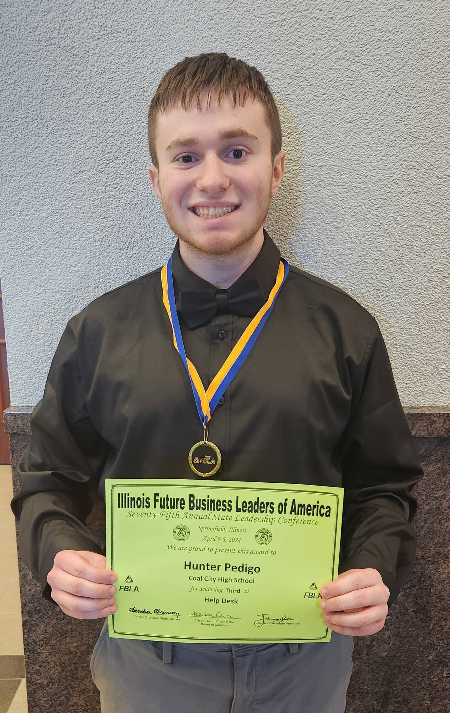 Coal City High School student Hunter Pedigo has qualified for the National FBLA Leadership Conference and Competition this summer in Orlando, FL. Pedigo placed third in the Help Desk category at the FBLA State Leadership Conference to advance to the national contest.