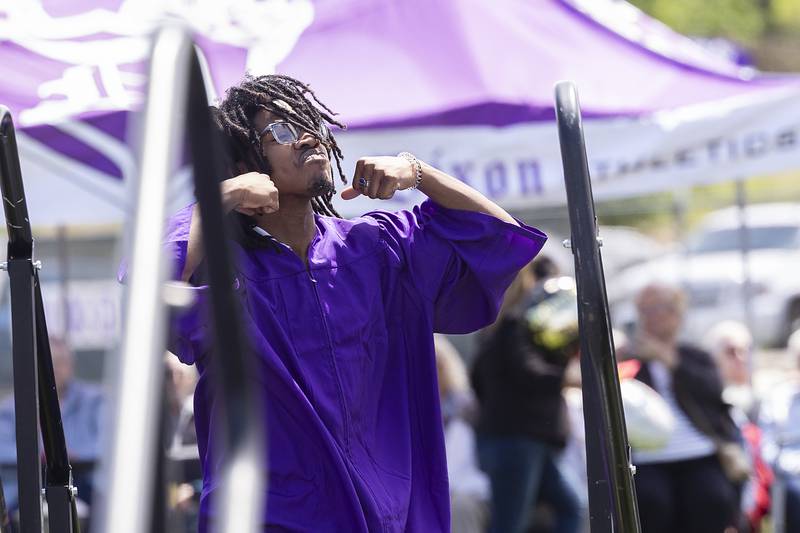 Jaaylen Banks poses before crossing the stage to collect his diploma Sunday, May 25, 2025, during Dixon High School’s graduation.