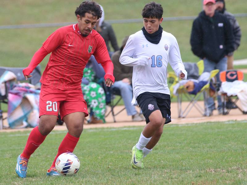 L-P's Noah Escobedo kicks the ball away from Kankakee's Jason Lopez during the Class 2A Regional title game on Saturday, Oct. 25, 2025 at Ottawa High School.