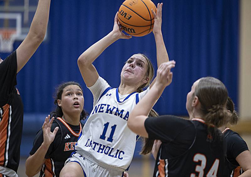 Newman’s Brooklyn Smith puts up a shot against Kewanee Thursday, Feb. 6, 2025, at Newman High School.
