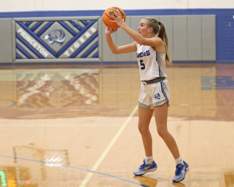 Princeton's Kiyrra Morris, shoots a wide-open jump shot against Putnam County during the Tiger Girls Basketball Holiday Tournament on Tuesday, Nov. 18, 2025 at Princeton High School.